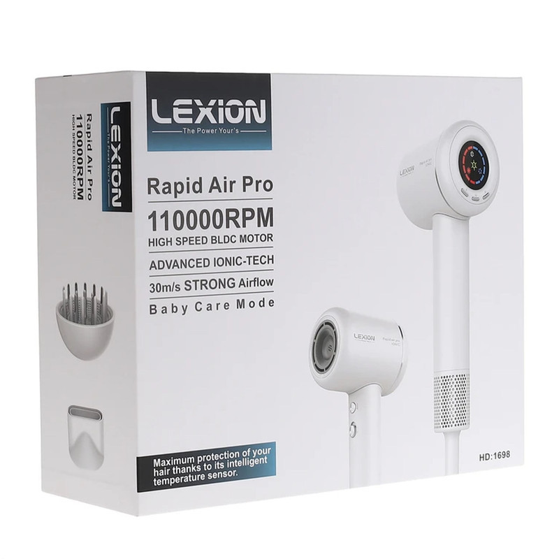 سشوار حرفه‌ای 1600 وات لکسیون مدل Rapid Air Pro HD:1698، موتور BLDC وزن 500 گرم، المنت فلز، دارای سری دیسپانسر، متمرکز‌کننده پهن با ویژگی صاف‌کنندگی، حجم‌دهندگی، با قابلیت عملکرد توربو  با سرعت 110 هزار در دقیقه