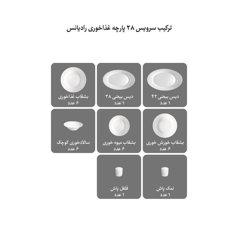 سرویس غذاخوری 28 پارچه چینی زرین ایران مدل رادیانس آداجیو درجه 3