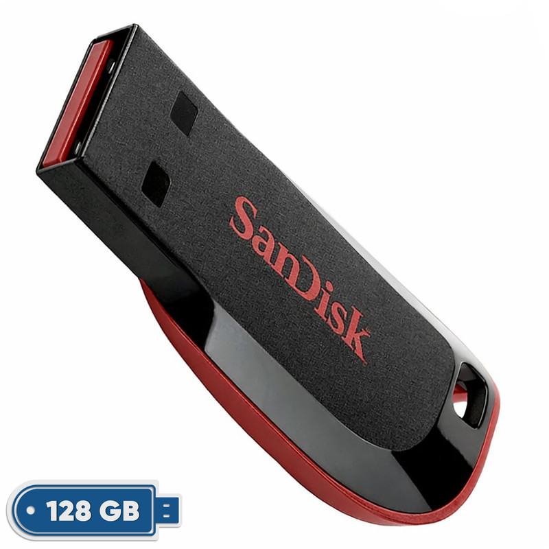 فلش مموری سن دیسک مدل Cruzer Blade CZ50 ظرفیت 128 گیگابایت با رابط USB 2.0، بدنه مات مقاوم در برابر لک و اثر انگشت، سرعت انتقال 30 مگابایت بر ثانیه، قابلیت رمزگذاری اطلاعات و طراحی بدون درپوش با شیار اتصال بند