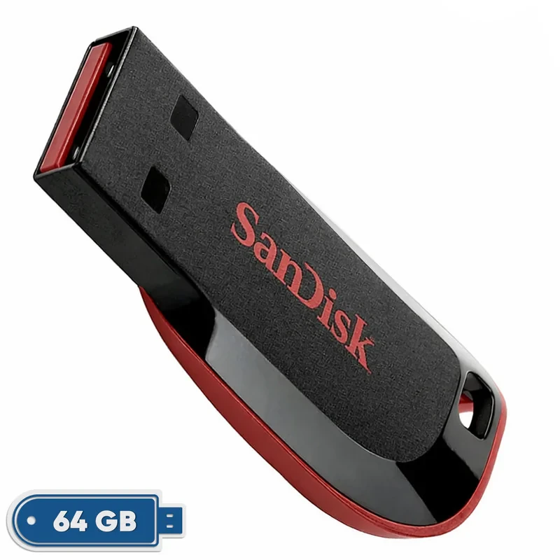 فلش مموری 64 گیگابایت سن دیسک مدل Cruzer Blade CZ50 با رابط USB 2.0، بدنه مات مقاوم در برابر اثر انگشت، قابلیت رمزگذاری نرم‌افزاری و شیار اتصال بند
