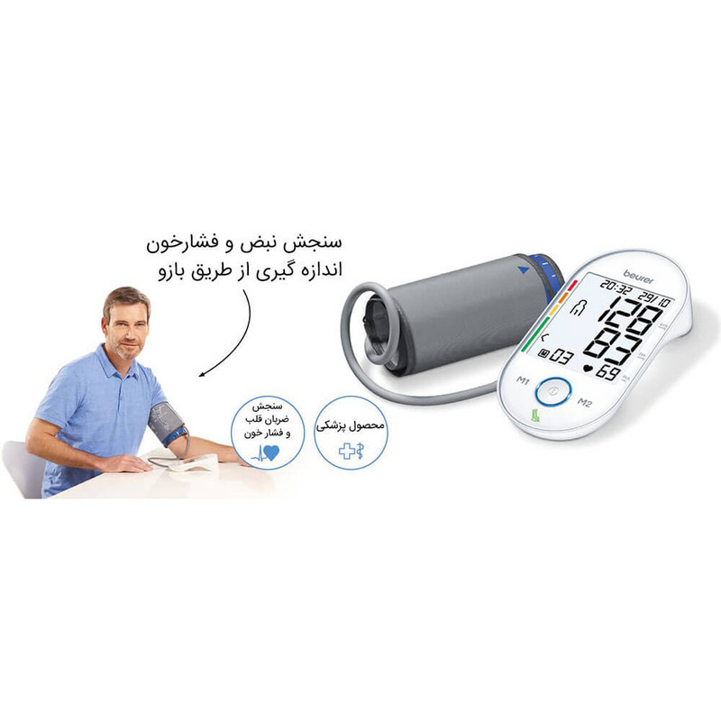 فشارسنج دیجیتال بازویی بیورر مدل BM55 با صفحه نمایش بزرگ، حافظه 60 جایگاه برای 2 نفر، تشخیص آریتمی، هشدار خطای محاسباتی و کابل USB، مناسب بازو 22 تا 36 سانتی‌متر و خاموشی خودکار