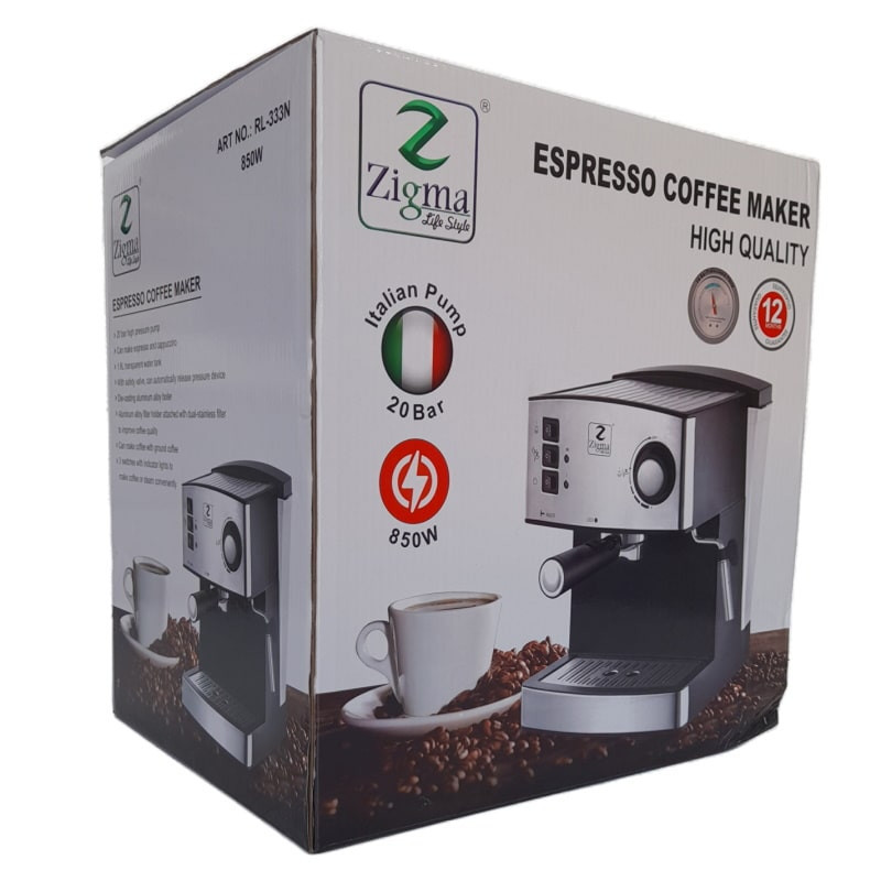 اسپرسو ساز خانگی 1.6 لیتری زیگما مدل RL-333، نیمه اتوماتیک با مصرف پودر قهوه، مناسب تهیه اسپرسو، کافه لاته، موکا و کاپوچینو، دارای یک عدد نازل قهوه، تولید کف شیر و حالت آماده به کار