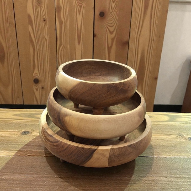 کاسه چوبی مدل خمره ای پایه دار بسته 3 عددی