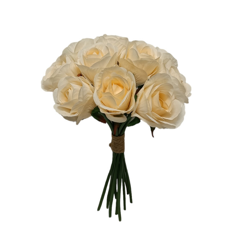 دسته گل مصنوعی رز هلندی 12 عددی با گل‌های پارچه‌ای قطر 7 سانتی‌متر، ساقه سیمی قابل انعطاف، مناسب گلدان رومیزی و دسته گل عروس