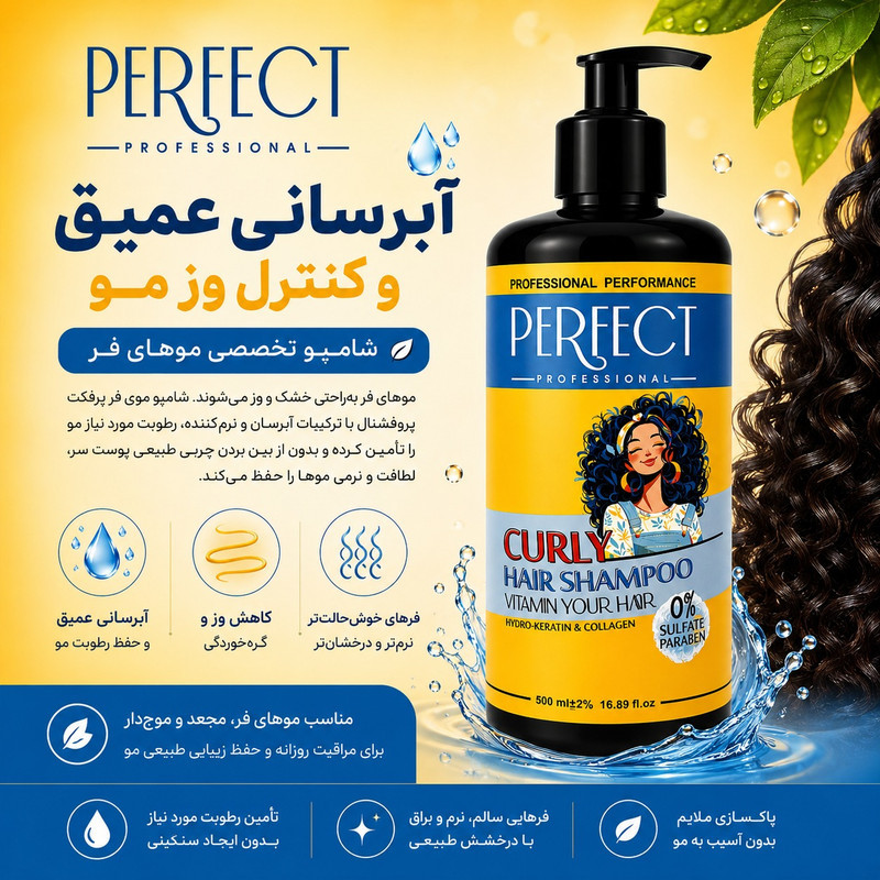 شامپو مو پرفکت پروفشنال مدل curly hair مناسب برای موهای فر و مجعد حجم 500میلی لیتر