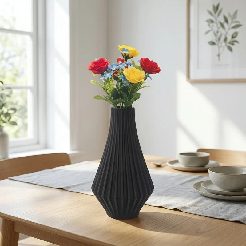 گلدان دکوری رومیزی استوانه‌ای مدل الماس با ابعاد 16x10x10 سانتی‌متر، ساخته شده از سنگ مصنوعی مقاوم با بافت مات و طراحی مدرن و خطوط عمودی منظم، مناسب گل‌های آپارتمانی و دکوراسیون داخلی