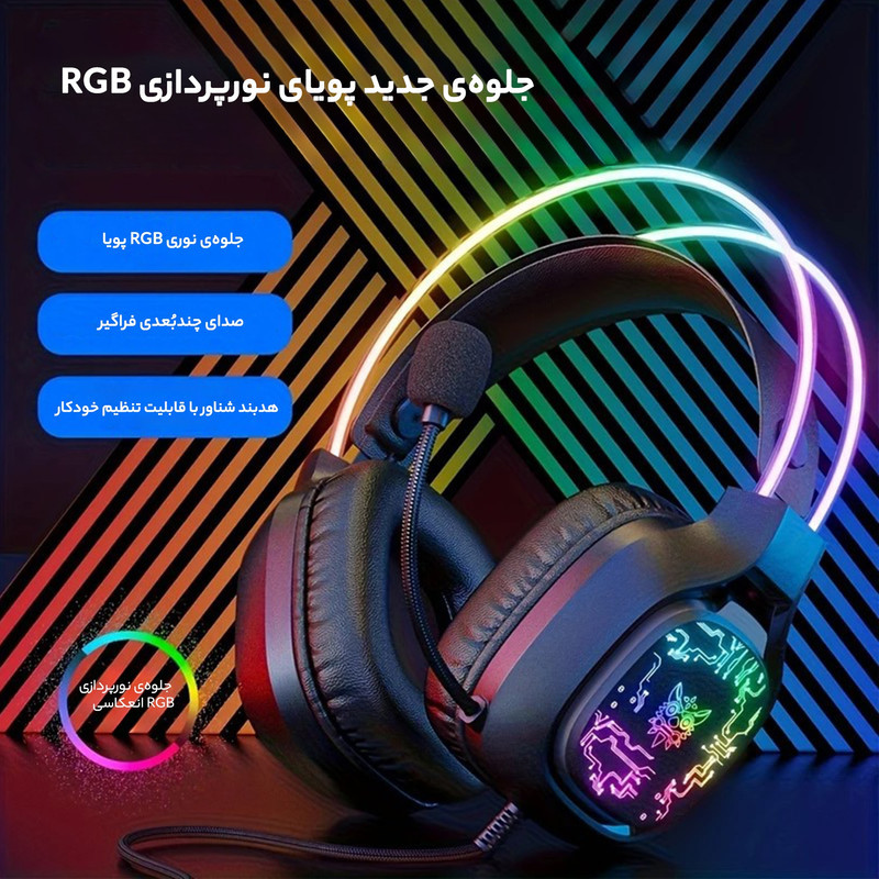 هدست گیمینگ Onikuma مدل X22 بدون قابلیت نویز کنسلینگ، درگاه USB، دارای نورپردازی RGB، امپدانس 32 اهم