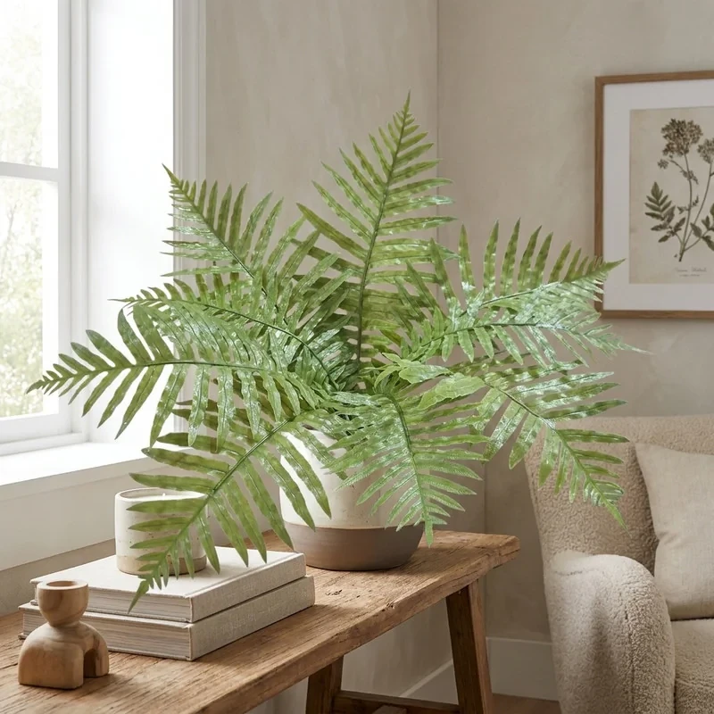 بوته سرخس مصنوعی 9 برگ با برگ‌های ژله‌ای لمسی، ابعاد 38×38×45 سانتی‌متر، وزن 70 گرم