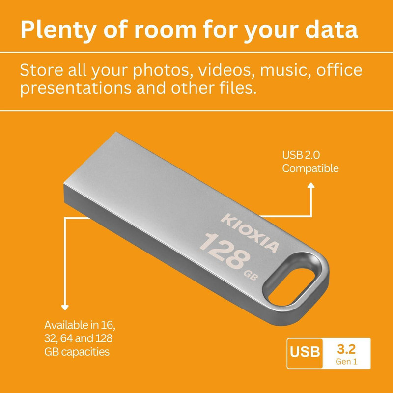 فلش‌مموری 128 گیگابایت کیوکسیا مدل U366 با بدنه فلزی، رابط USB 3.2، سرعت انتقال 200 مگابایت بر ثانیه، مقاوم در برابر ضربه و قابلیت اتصال به بند کلید