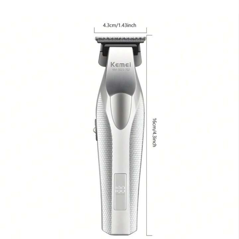 ماشین اصلاح موی صورت شارژی کیمی مدل KM-3023-702 با تیغه سرامیک و استیل ضد التهاب، باتری لیتیوم یون 2000 میلی‌آمپر ساعت، نمایش وضعیت باتری و طراحی ارگونومیک مقاوم در برابر ضربه