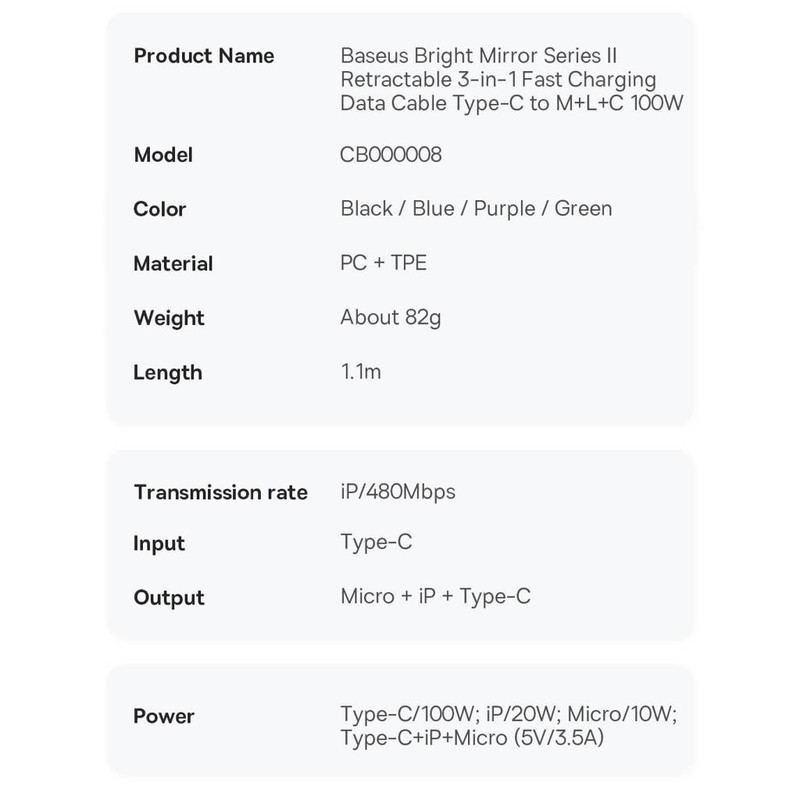 کابل تبدیل USB-C به USB-CmicroUSB لایتنینگ بیسوس مدل Mirror2 100W طول 1.1 متر