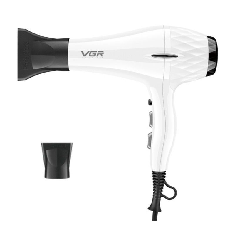 سشوار حرفه‌ای 2200 وات وی جی ار مدل V-413، موتور AC، وزن 802 گرم، المنت سرامیک تورمالین، دارای سری متمرکز‌کننده باریک، متمرکز‌کننده پهن با ویژگی صاف‌کنندگی، حجم‌دهندگی، با قابلیت باد سرد