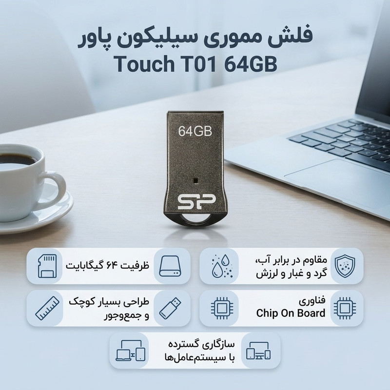 فلش مموری سیلیکون پاور مدل Touch T01 ظرفیت 64 گیگابایت حافظه مقاوم ضد آب، ضد شوک و گردوغبار با طراحی فشرده و فناوری COB، ابعاد کوچک و زنجیر محافظ، سازگار با USB 2.0 و انواع سیستم‌عامل‌ها