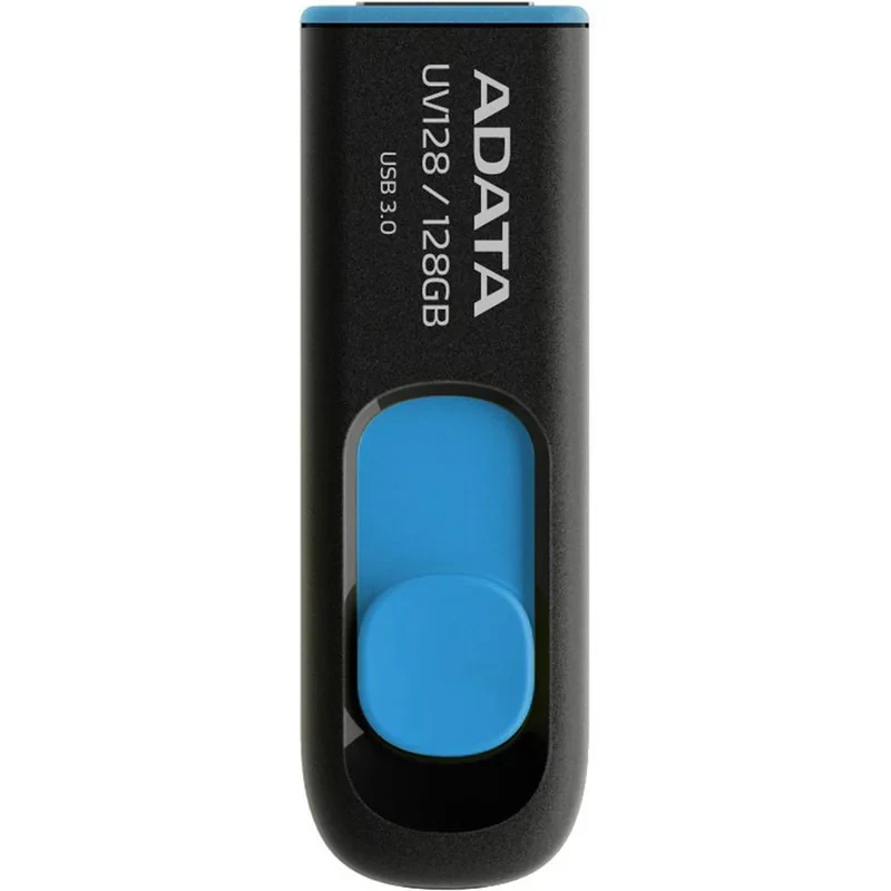 فلش مموری کشویی ای‌دیتا مدل DashDrive UV128 ظرفیت 128GB، رابط USB 3.0 با سرعت خواندن 90 و نوشتن 40 مگابایت بر ثانیه، طراحی بدون درپوش و بدنه مات ضدخش و گردوغبار