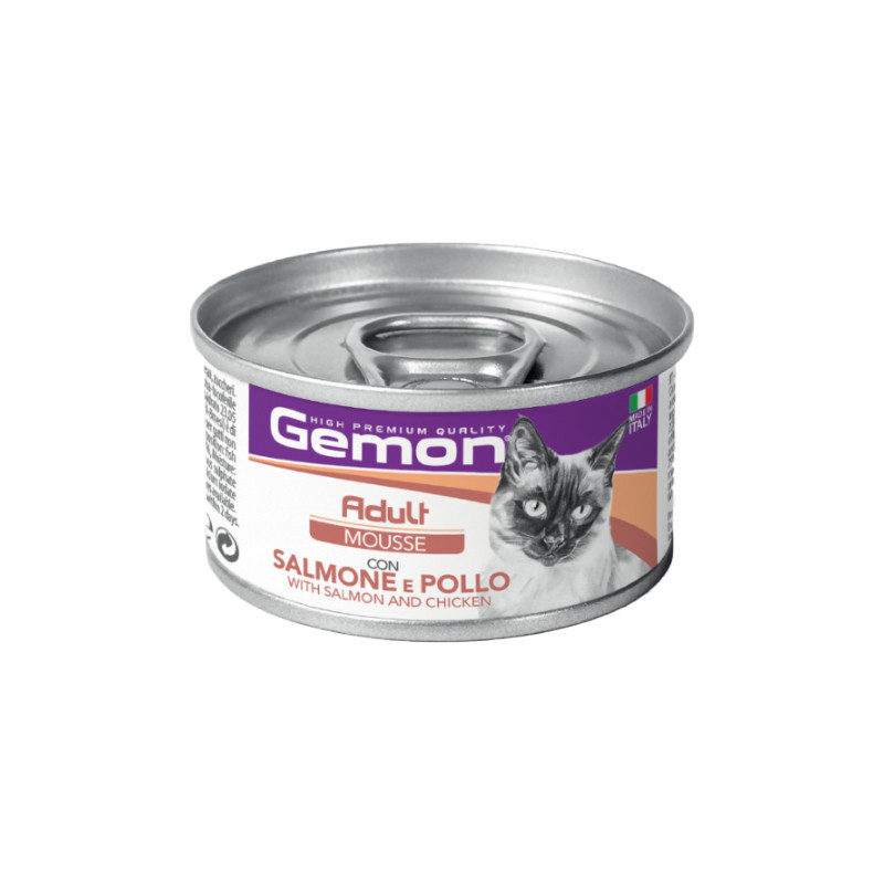 کنسرو غذای گربه بالغ مونژه مدل Gemon Mousse طعم مرغ و ماهی سالمون وزن 85 گرم