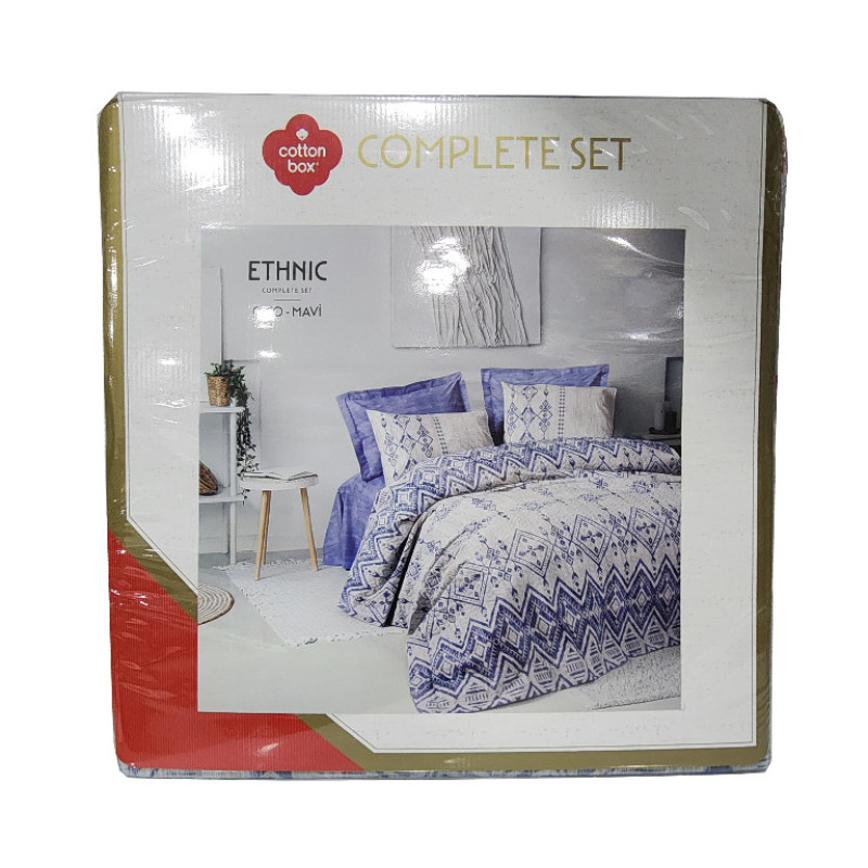 سرویس روتختی دو نفره 4 تکه کاتن باکس مدل Complete Seti Ethnic Cleo Mavi C.K