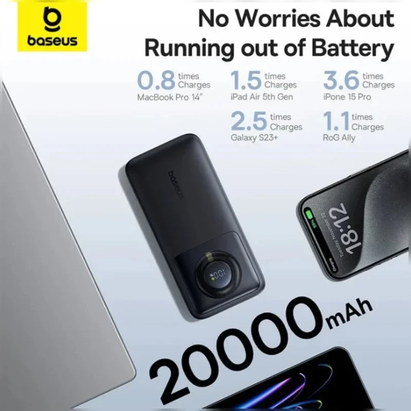 پاوربانک بیسوس مدل 65W NOMOS ظرفیت 20000 هزار میلی آمپر همراه با کابل USB-C