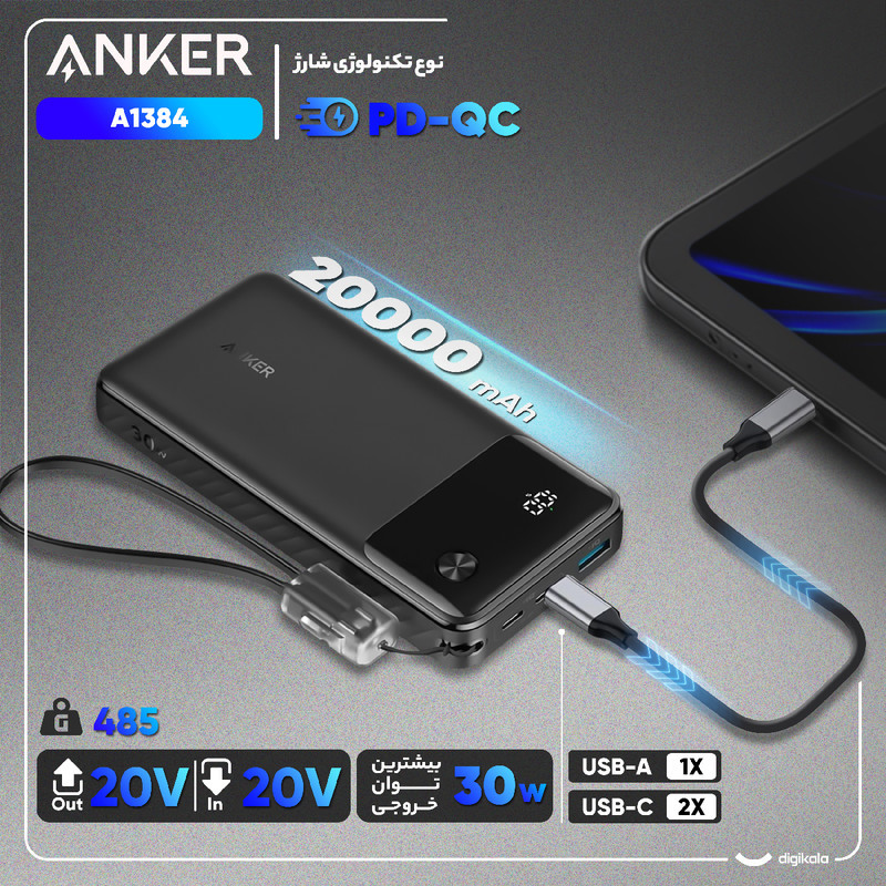 پاوربانک 30 وات انکر مدل A1384 ظرفیت 20000 میلی آمپر ساعت به همراه کابل USB-C