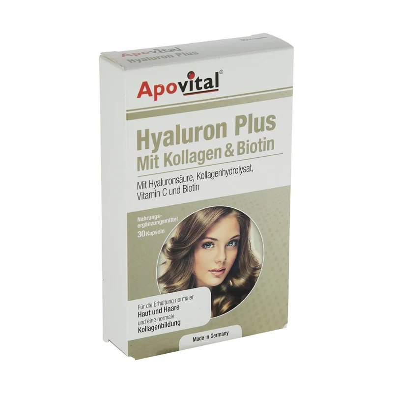 کپسول مکمل تقویت پوست، مو و ناخن آپوویتال مدل Hyaluron Plus بسته 30 عددی، حاوی هیالورونیک اسید، کلاژن هیدرولیز شده، ویتامین C و بیوتین، کمک به کنترل ریزش مو، افزایش رطوبت و کاهش چین و چروک پوست، تقویت سیستم ایمنی بدن
