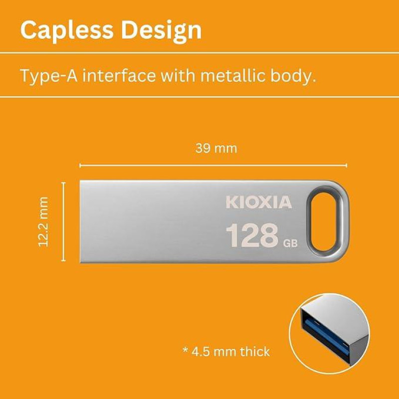 فلش‌مموری 128 گیگابایت کیوکسیا مدل U366 با بدنه فلزی، رابط USB 3.2، سرعت انتقال 200 مگابایت بر ثانیه، مقاوم در برابر ضربه و قابلیت اتصال به بند کلید