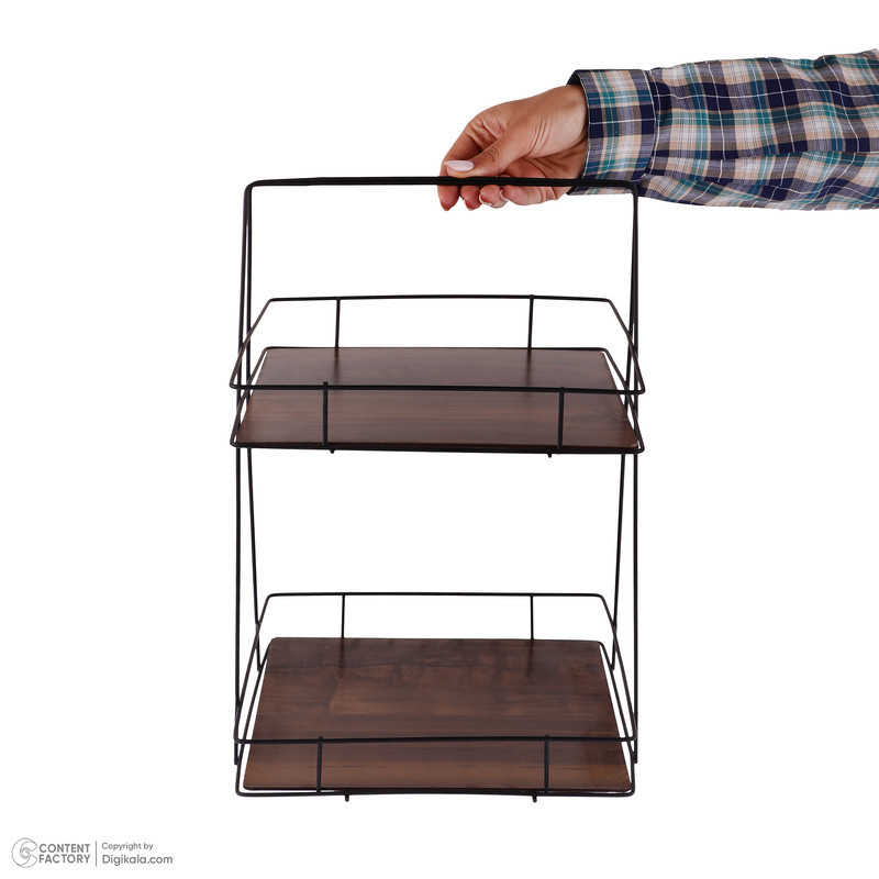استند پذیرایی دو طبقه MDF و فلز مدل دو طبقه کف چوبی با طراحی مربع و وزن 615 گرم، مناسب سرو و پذیرایی با استحکام بالا و امکان استفاده در فضای داخلی