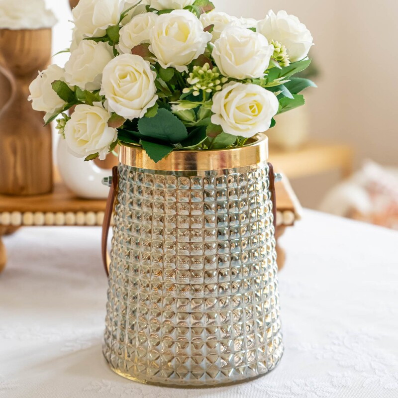 گلدان دکوری شیشه‌ای مدل هیرا با طرح دسته چرمی و ابعاد 16×16×16 سانتی‌متر، وزن 550 گرم
