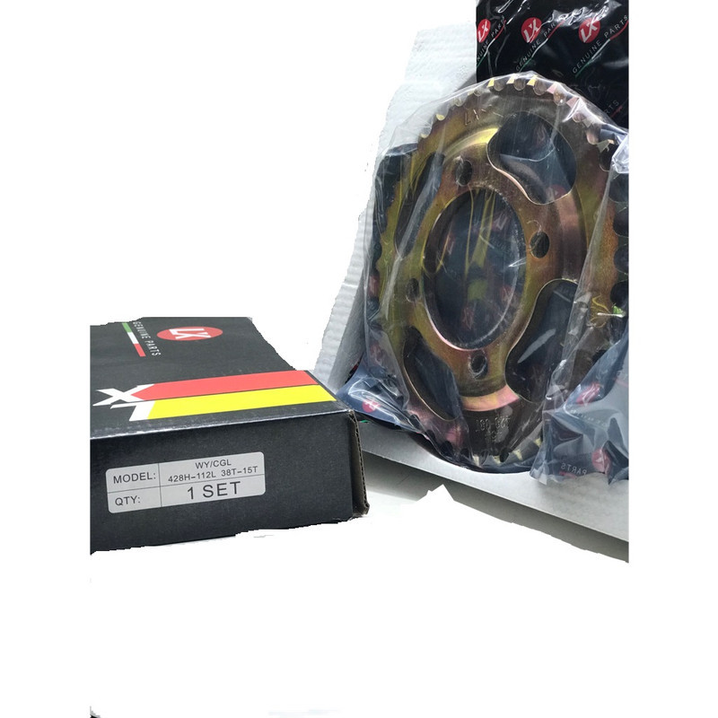 ست دنده زنجیر موتورسیکلت مدل LX کد CGL 38T15Tx428H-112L مناسب برای سی جی ال مجموعه 3 عددی