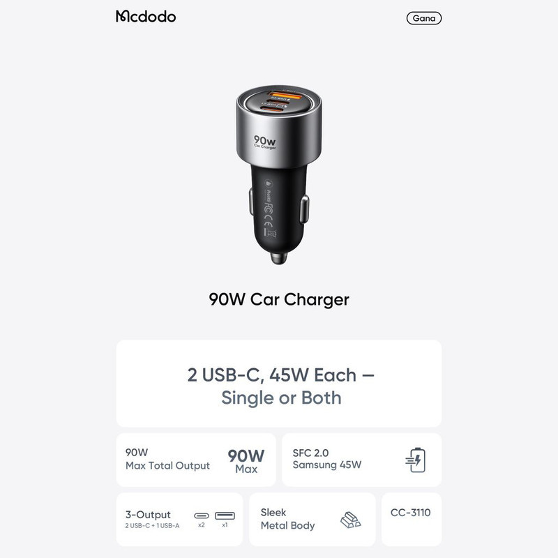 شارژر فندکی 90 وات 3 پورت مک دودو مدل CC-311