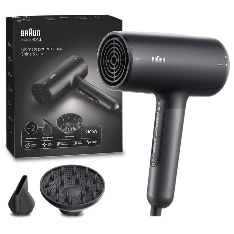 سشوار حرفه‌ای 2100 وات براون مدل HD425، موتور DC، وزن 500 گرم، دارای سری دیسپانسر، متمرکز‌کننده باریک با ویژگی فرکنندگی، صاف‌کنندگی، حجم‌دهندگی، با قابلیت تنظیم دما