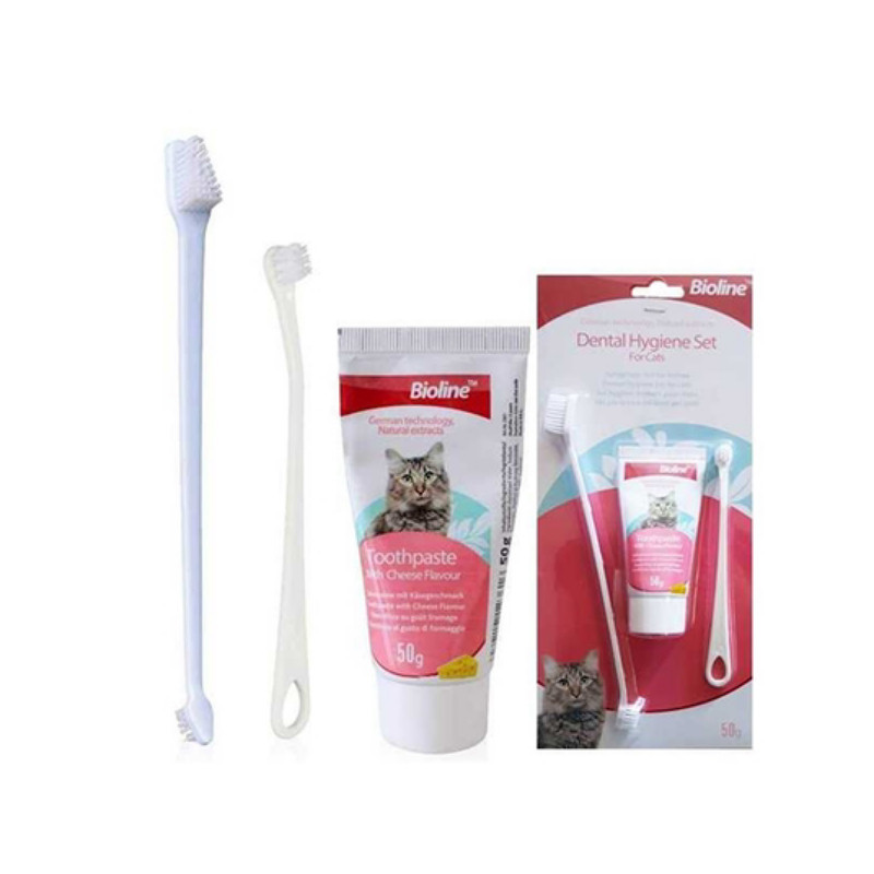 ست مسواک و خمیر دندان گربه بایولاین مدل dental hygiene set -cheese flavor وزن 50 گرم
