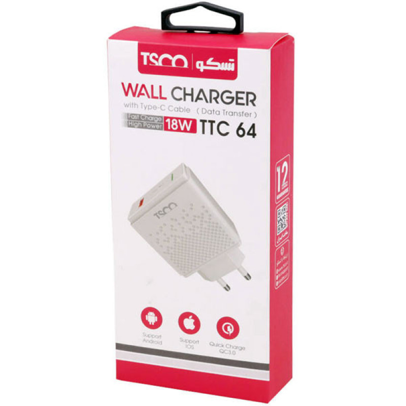 شارژر دیواری 18 وات تسکو مدل TTC 64 به همراه کابل USB-C