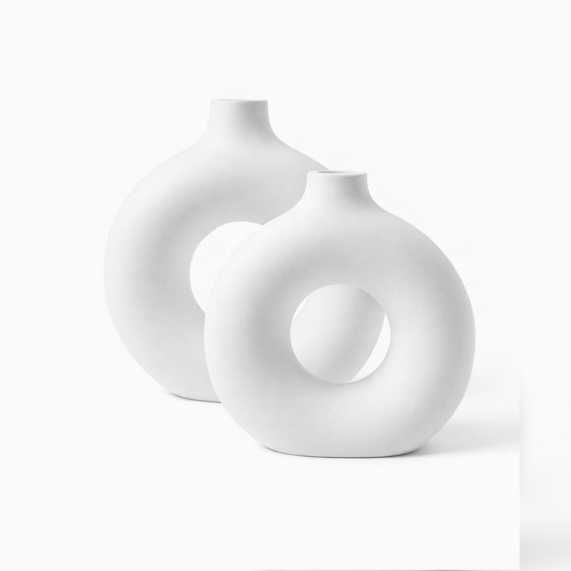 گلدان دکوری مدل donut بسته 2 عددی رومیزی سفالی بیضی مناسب گل‌های آپارتمانی، ابعاد 21×21×21 سانتی‌متر، وزن 200 گرم، مناسب گل خشک و تزئینی