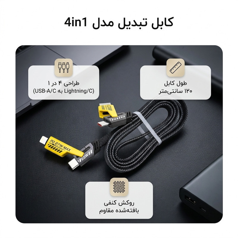 کابل تبدیل USBUSB-C به لایتنینگUSB-C اچ تی ام مدل 4in1 طول 1.2 متر