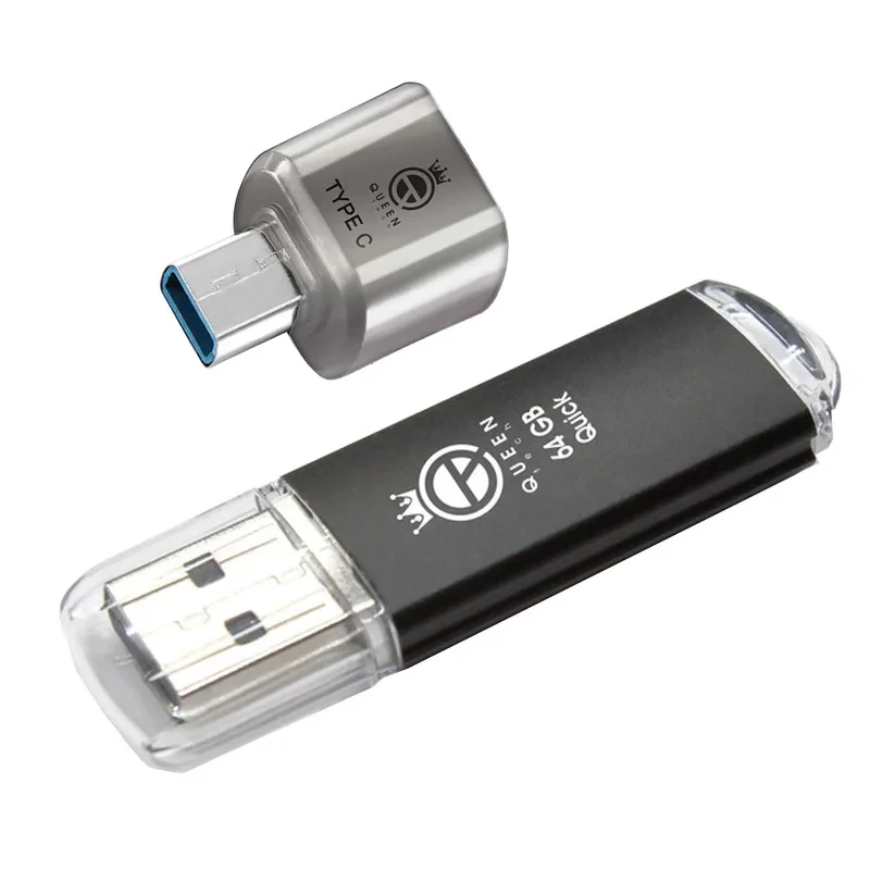 فلش مموری کوئین تک مدل QUICK C-PLUS ظرفیت 64 گیگابایت با رابط USB 2.0 و مبدل USB-C، سرعت انتقال 30 مگابایت بر ثانیه، طراحی درپوش‌دار، مناسب گوشی، تبلت، کامپیوتر و تلویزیون