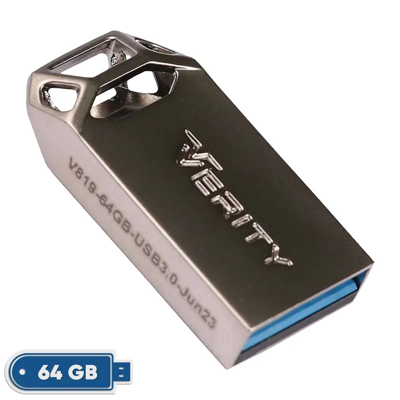 فلش مموری وریتی مدل V-819 ظرفیت 64 گیگابایت با بدنه فلزی، رابط USB 2.0 Type-A، سرعت انتقال 30 مگابایت بر ثانیه و سازگار با گوشی، کامپیوتر، لپ‌تاپ، تلویزیون و تبلت