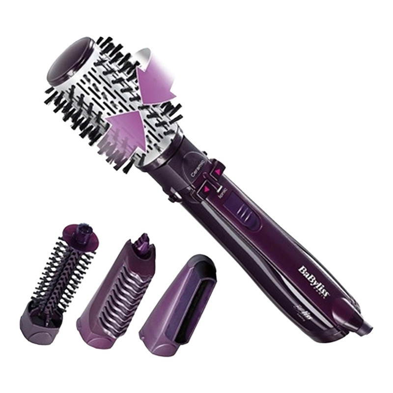 سشوار برس‌دار چرخشی 1000 وات بابلیس مدل 2736E، موتور AC، وزن 200 گرم، دارای متمرکز‌کننده پهن، سری برس‌دار گرد باریک، سری دندانه‌دار با ویژگی فرکنندگی، صاف‌کنندگی، حجم‌دهندگی، با قابلیت باد سرد، فناوری تولید یون، سری قابل تعویض، قابلیت تنظیم دما