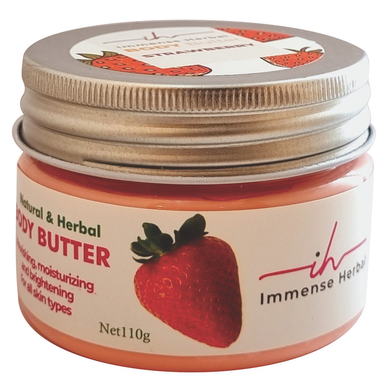 کره بدن ایمنس هربال مدل VIP_STRAWBERRY وزن 110 گرم با رایحه توت فرنگی، مرطوب‌کننده و روشن‌کننده پوست، حاوی کره کاکائو، شی باتر، روغن جوجوبا، روغن جوانه گندم، روغن نارگیل و موم زنبور عسل، مناسب انواع پوست و ضد خشکی و ضد چروک