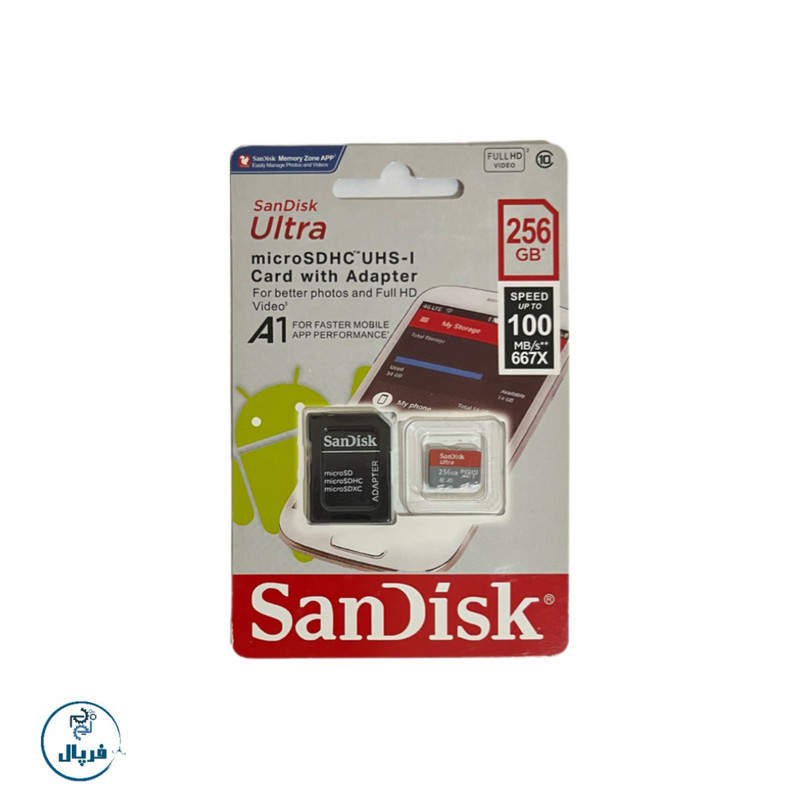 کارت حافظه microSDHC سن دیسک مدل Ultra A1 کلاس 10 استاندارد UHS-I سرعت 100MBps ظرفیت ۲۵۶ گیگابایت به همراه آداپتور SD