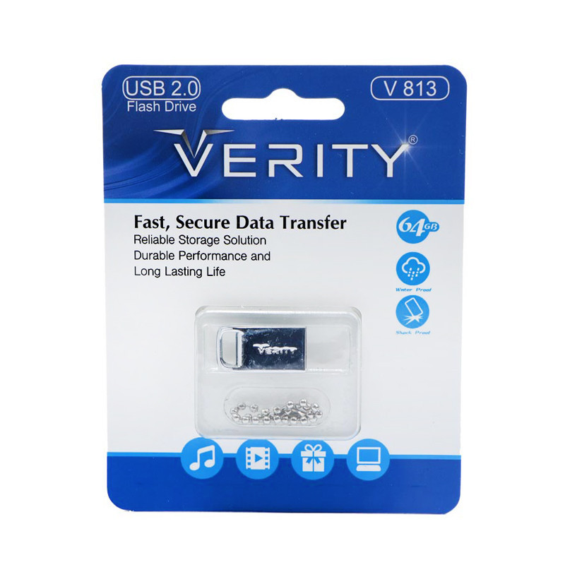 فلش مموری وریتی مدل V813 ظرفیت 64 گیگابایت، بدنه فلزی مقاوم در برابر گردوغبار و رطوبت، رابط USB 2، قابلیت اتصال به جاکلیدی و مقاوم در برابر شوک و لرزش