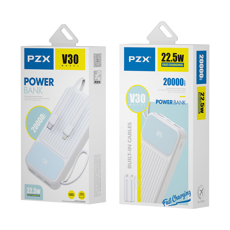 پاوربانک پی زد ایکس مدل V30 Fast Charge 22.5W Cabled ظرفیت 20000 میلی آمپر ساعت