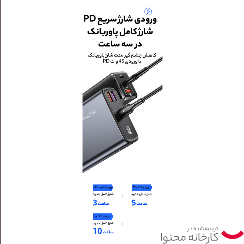 پاوربانک یوسمز مدل US-CD165 ظرفیت 30000 میلی آمپر ساعت به همراه کابل USB-C