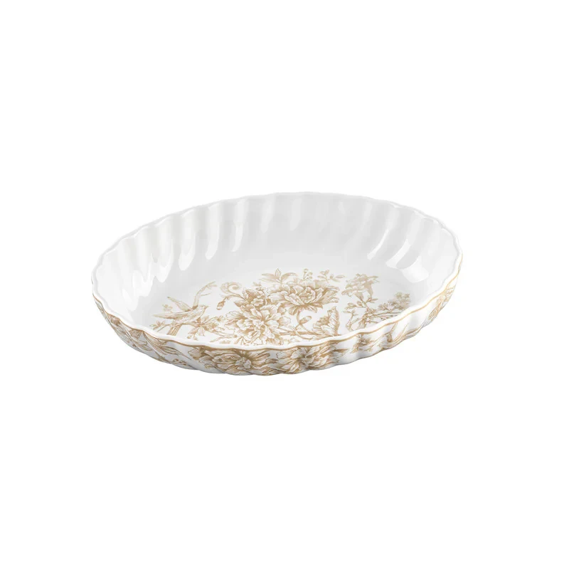 مرغ‌خوری گلد کیش طرح سارینا کد GK701143-6 ظرف سرو بیضی لبه موج‌دار با نقش گل و پرنده مناسب سرو مرغ و استیک