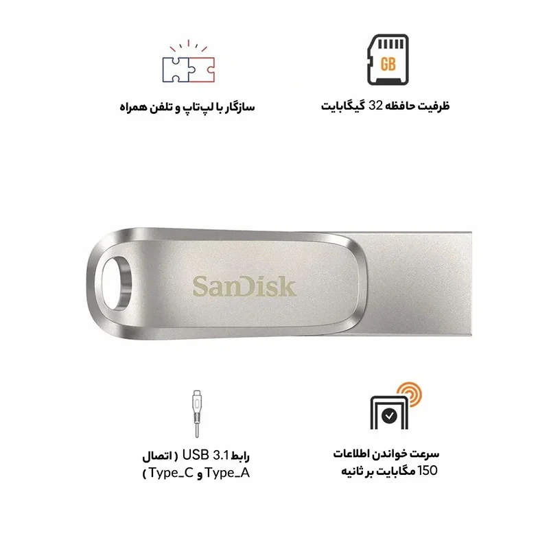 فلش مموری سن دیسک مدل Luxe ظرفیت 32 گیگابایت سرعت خواندن 150 مگابایت بر ثانیه اتصال USB-C طراحی ساده و وزن 19 گرم