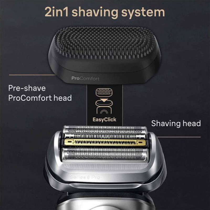 ماشین اصلاح موی صورت شارژی براون مدل +9597cc 9 Pro با تیغه تیتانیوم فویلی، قابلیت اصلاح با شماره صفر، ضد آب و قابل استفاده زیر دوش، شارژ سریع، باتری 600mAh، طراحی ارگونومیک و شانه قابل تنظیم در اندازه‌های 1، 2 و 3 میلی‌متر