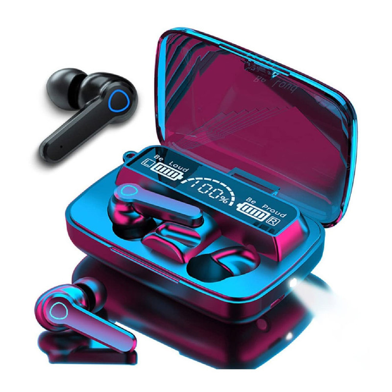 هدغون بلوتوثی مدل air pods m19 بدون قابلیت نویز کنسلینگ، درگاه شارژ microUSB، دارای کنترلر لمسی روی گوشی‌ها، امکان استفاده از محفظه شارژ به عنوان پاور بانک