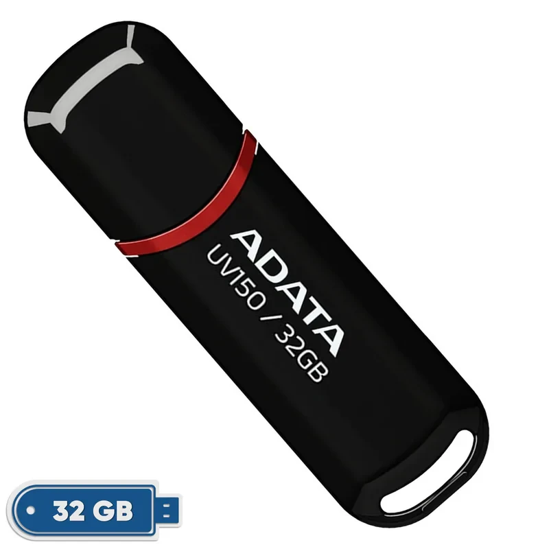 فلش مموری ای دیتا مدل UV150 ظرفیت 32 گیگابایت با رابط USB 3.2 Gen1، سرعت خواندن 90 مگابایت بر ثانیه، سرعت نوشتن 40 مگابایت بر ثانیه، طراحی درپوش‌دار و سازگار با ویندوز، مک و لینوکس