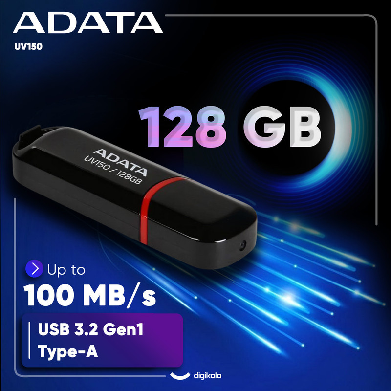 فلش مموری ای دیتا مدل UV150 ظرفیت 128 گیگابایت با رابط USB 3.2 Gen1 و پشتیبانی از انواع سیستم‌عامل، طراحی درپوش‌دار و سازگار با کامپیوتر، لپ‌تاپ، موبایل و تلویزیون
