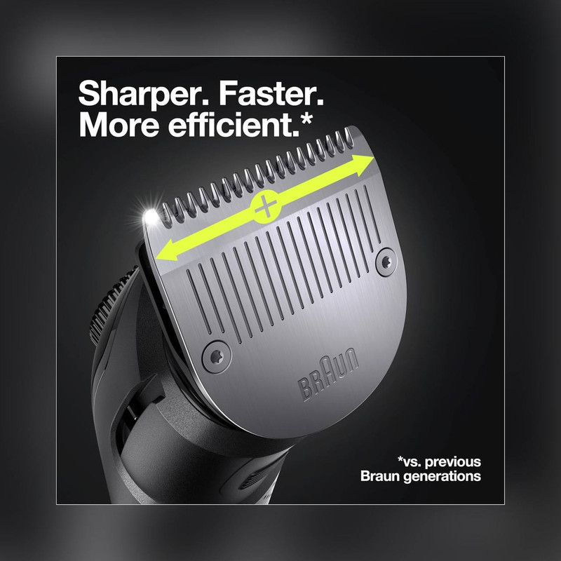 ماشین اصلاح صورت و بدن شارژی براون مدل BT7350 ضدآب با فناوری AutoSense، تیغه‌های خودتیزشونده استیل ضدزنگ، باتری لیتیوم‌یون با 100 دقیقه کارکرد، شارژ سریع و تنظیم اصلاح با 39 شماره نیم‌میلی‌متری