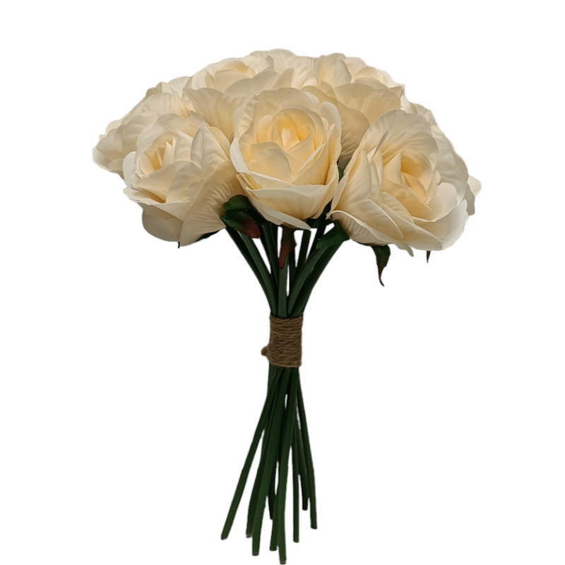 دسته گل مصنوعی رز هلندی 12 عددی با گل‌های پارچه‌ای قطر 7 سانتی‌متر، ساقه سیمی قابل انعطاف، مناسب گلدان رومیزی و دسته گل عروس