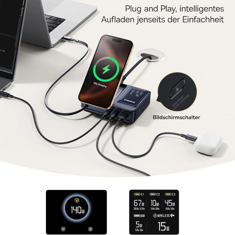 شارژر رومیزی 140 وات پنج پورت بیسوس مدل Nomos Qi2 140W